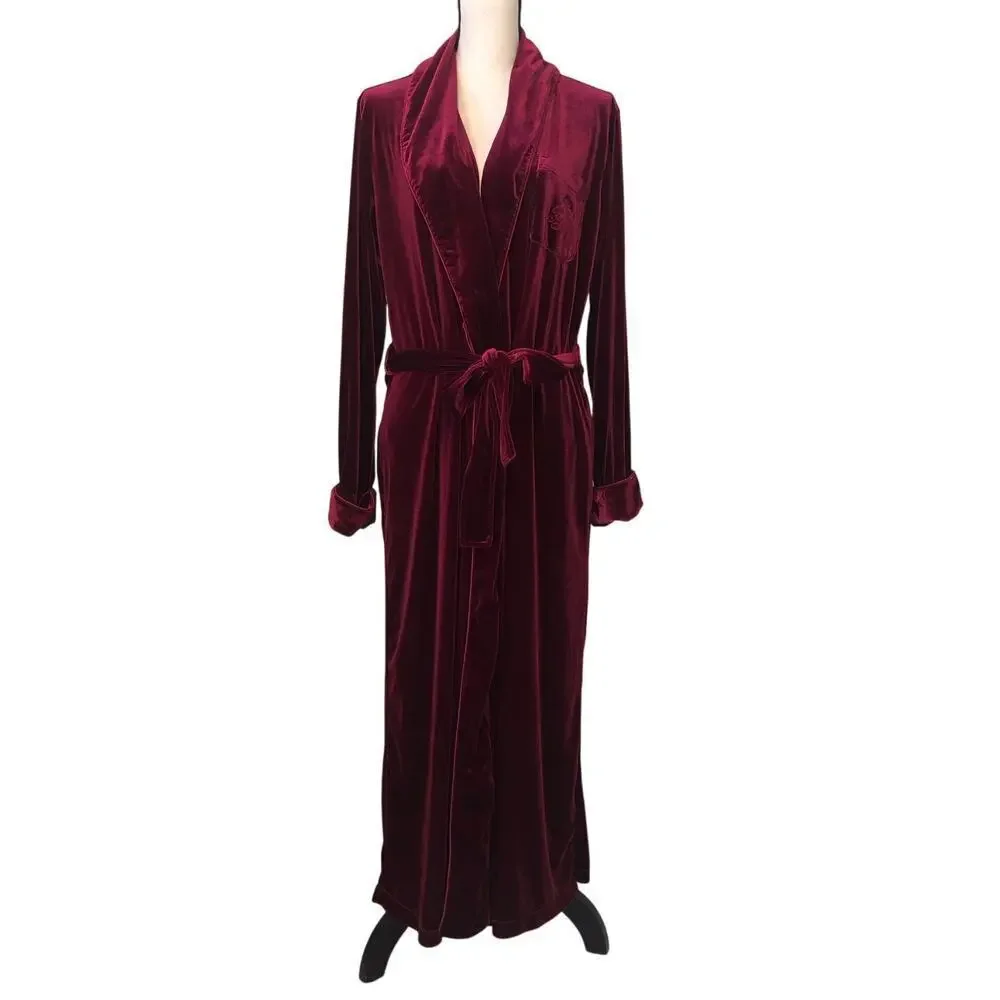 Ralph Lauren RLR Red Velvet Robe Size Womens M Monogram  Pockets Shawl Collar